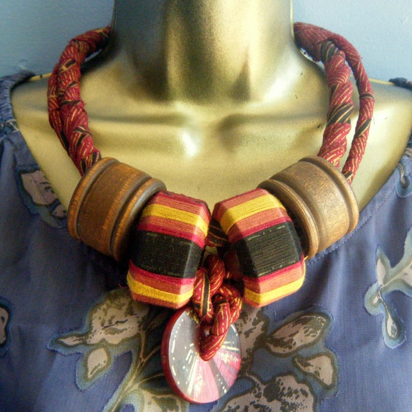 SALE-Huntress Fiber Wood and Batik Statement necklace