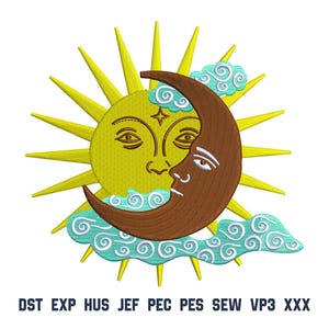 May include: Embroidered design featuring a yellow sun with radiating rays and a brown crescent moon. The sun and moon are facing each other, with a cloud design in turquoise. The design includes the text "DST EXP HUS JEF PEC PES SEW VP3 XXX".