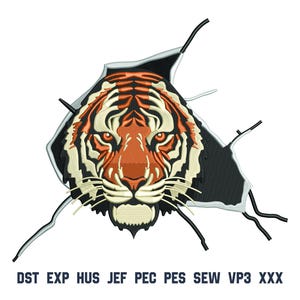May include: An embroidered tiger head design emerging from a torn fabric effect. The tiger features orange, black, and cream thread colors with piercing orange eyes. Below the design, the text reads: DST EXP HUS JEF PEC PES SEW VP3 XXX.