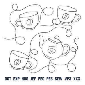 Theequiltblok borduurontwerp, quiltpatroon E2E theepot en theekopje, doorlopende lijn quilt machineborduurbestand, Instant Download