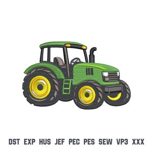 May include: An embroidery design of a green tractor with yellow wheels and black tires. The tractor features a cab, a steering wheel, and a black exhaust pipe. Below the tractor, the text reads: DST EXP HUS JEF PEC PES SEW VP3 XXX.
