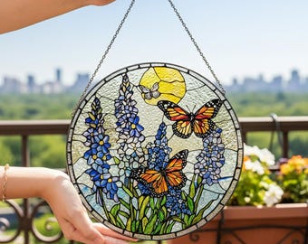 Monarch Butterfly Stained Glass Suncatcher, Floral Window Hanging, Butterfly Lovers Flower Gift