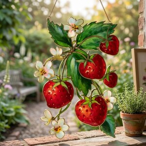 Strawberry Plant Stained Glass Suncatcher, Window Hanging Fruit Flower Decor, Garden Botanical Ornament, Summer Gift For Mom