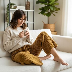 Peut inclure: Une personne assise sur un canapé blanc, portant un pull crème et un pantalon en tricot moutarde. La personne tient une tasse. Une étagère et une plante en pot sont en arrière-plan.
