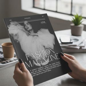 Può includere: Una persona tiene in mano una rivista di moda in bianco e nero intitolata "FASHION MAGAZINE". La copertina della rivista presenta una donna con un abito bianco. Il testo della rivista include "APRIL" e "31/03/2023".
