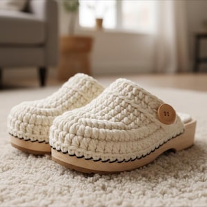 Peut inclure: Sabots en crochet crème avec semelles en bois. Les sabots présentent un motif en tricot épais et texturé et un bouton rond en bois sur le côté. Les semelles sont bordées d'une couture noire.