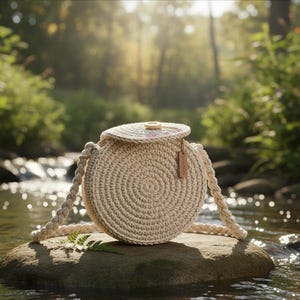 May include: A round, beige crochet bag with a flap closure and a braided strap. The bag is sitting on a rock in a stream. The flap has a floral pattern and a wooden button closure. A small tag hangs from the side.
