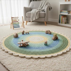 Peut inclure: Un tapis rond en crochet avec un bord festonné. Le tapis présente des cercles concentriques de couleurs, passant d'un centre crème au jaune, bleu et vert. Des jouets en bois, dont un avion et des voitures, sont disposés sur le tapis.