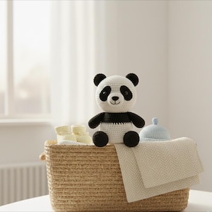 May include: A crocheted panda bear in black and white sits on a woven basket. The basket contains a baby blanket, a light blue hat, and baby booties. The items are arranged on a white surface. The basket is made of wicker.