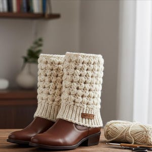 May include: A pair of brown leather boots with cream-colored, crocheted leg warmers. The leg warmers have a textured, floral pattern and a small, rectangular tag. A ball of yarn and crochet hooks are also visible.