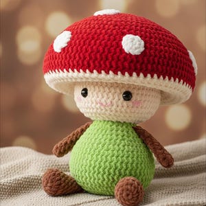 May include: A handmade crochet mushroom plushie with a red cap featuring white spots. The mushroom has a cream-colored stem and a green body. It has brown arms and feet, and a smiling face with black eyes. The plushie is sitting on a soft, neutral-colored blanket.