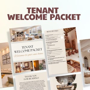 May include: A tenant welcome packet with the title "Tenant Welcome Packet" in large, dark brown letters. The packet includes information about rent details and a thank you message. The background is a soft gradient.