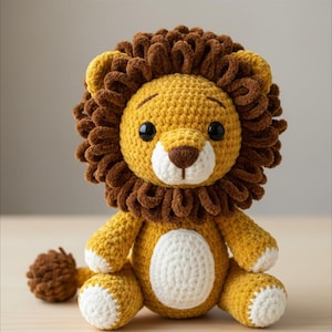 May include: A handmade crochet lion plush toy. The lion has a yellow body, a brown mane, and a white belly. It has black eyes and a brown nose. The lion is sitting on a light-colored surface.