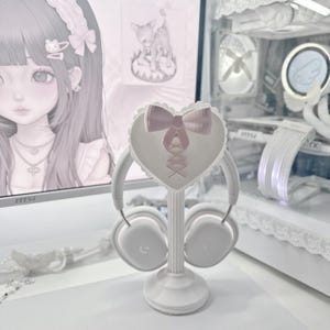 Coquette ruches hart strik 3D-geprinte hoofdtelefoonstandaard: bureaudecor, girly-opstelling, cutecore, cadeaus gamers