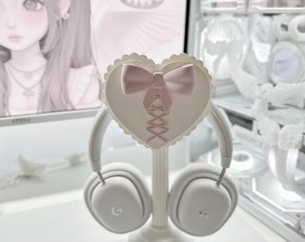 Support pour casque d'écoute Coquette Ruffle Heart Bow imprimé 3D : décoration de bureau, configuration girly, cutecore, cadeaux pour les joueurs