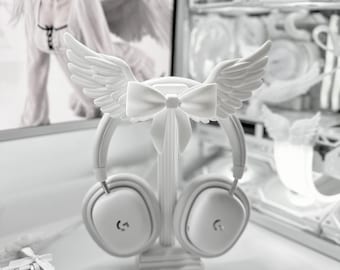 Elegant Angel Wing Headphone Stand | Angelcore Bow Desk Decor, Coquette Gaming Setup