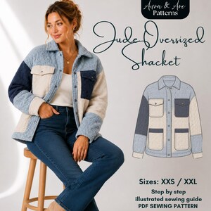 May include: A patchwork shacket in shades of blue, cream, and navy. The jacket features a collared neckline, button-down front, and two chest pockets. The image also includes a line drawing of the shacket and text that reads "Jude Oversized Shacket".