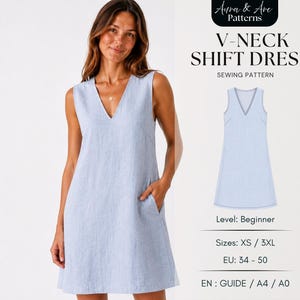 May include: A light blue sleeveless shift dress with a V-neckline and side pockets. The image includes text: Aura & Arc Patterns, V-NECK SHIFT DRESS, SEWING PATTERN, Level: Beginner, Sizes: XS / 3XL, EU: 34 - 50, EN: GUIDE / A4 / A0.
