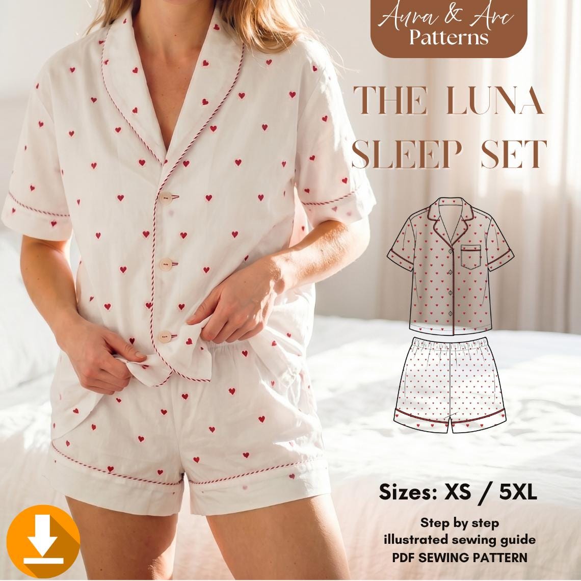 Pajama Sewing Pattern | Women Pajama Set, Collar Shirt & Shorts Pattern ...
