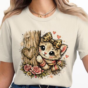 Watercolor Kitten Peeking T-Shirt, Leopard Bow Rustic Tree Art, Farm Animal Graphic Tee