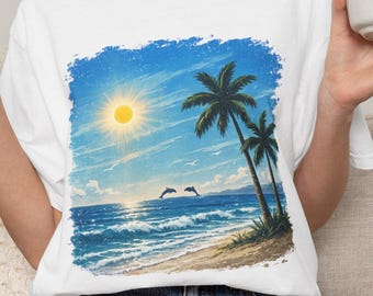 Vintage Beach Dolphin T-Shirt, Coastal Ocean Waves Palm Trees Tee