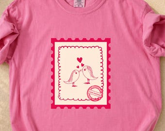 Vintage Love Stamp Shirt, Romantic Bird Graphic Tee