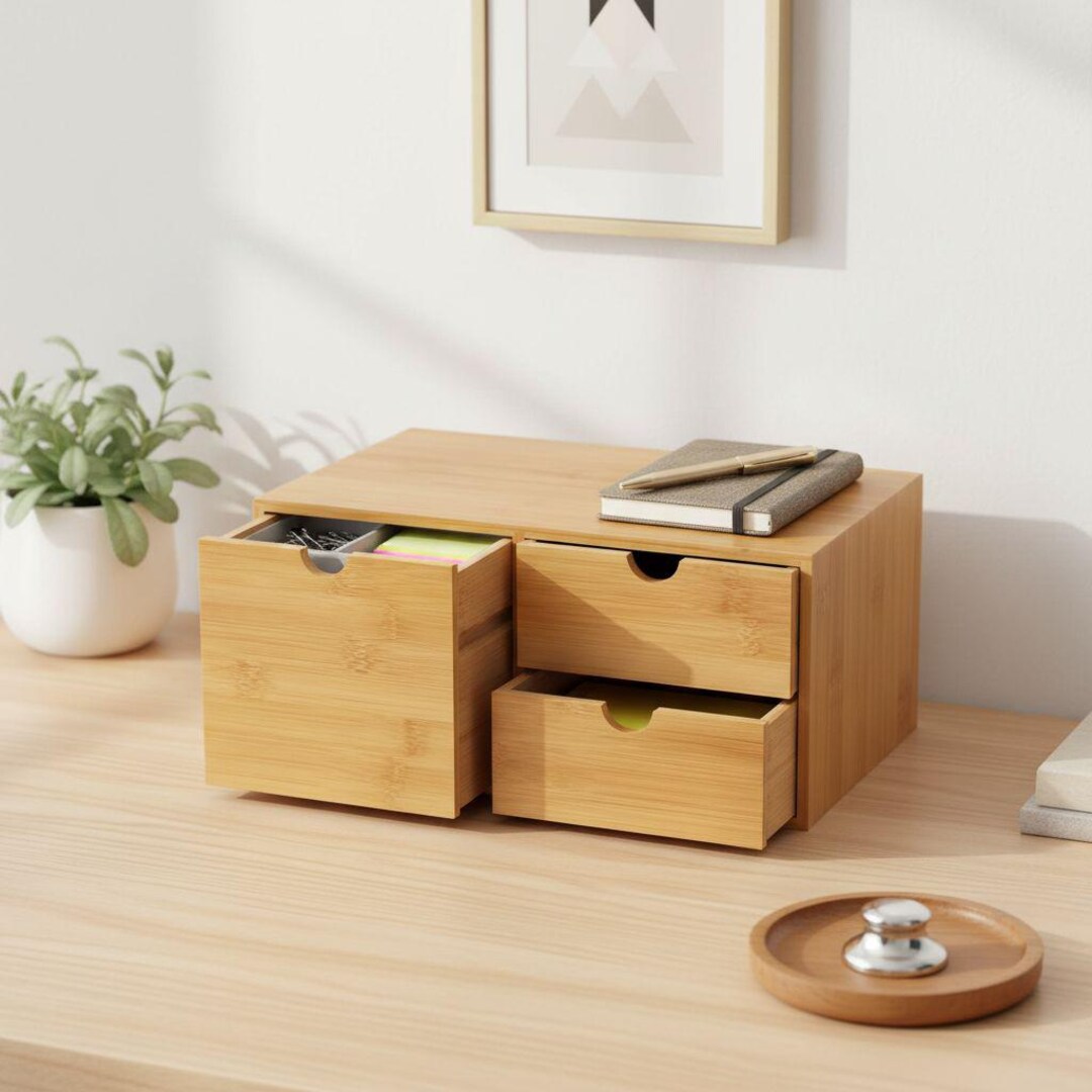 Bamboo Desktop Drawer Organizer | Natural Wood Storage Box for Office ...