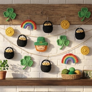 Patrón de guirnalda de ganchillo para el Día de San Patricio, decoración de trébol arcoíris (descarga digital)