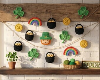 Patrón de guirnalda de ganchillo para el Día de San Patricio, decoración de trébol arcoíris (descarga digital)