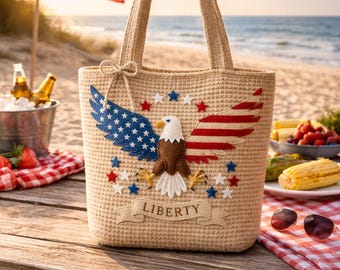 Patrón de bolso de mano con águila y bandera estadounidense a crochet en PDF / Patrón y diseño de bolso patriótico con estrellas y rayas / Bolso de mano DIY para el 4 de julio (descarga digital)