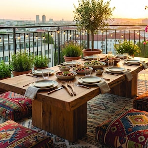 Op de afbeelding: Een houten eettafel gedekt voor een maaltijd op een balkon, met borden, kommen en bestek. Potplanten en kleurrijke kussens omringen de tafel. Slingers en een skyline zijn zichtbaar op de achtergrond.