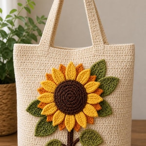Sunflower Crochet Tote Bag Pattern PDF  , Easy Beginner Crochet Tutorial, DIY Handmade Purse