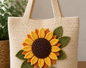 Patrón de bolso de mano de ganchillo con girasoles en PDF, tutorial de ganchillo fácil para principiantes, bolso hecho a mano.