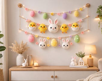 Patrón de guirnalda de conejito de Pascua a crochet: decoración DIY con banderines amigurumi (descarga en PDF)
