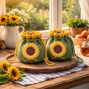 Sunflower Crochet Drawstring  bag Pattern PDF, Floral Crochet Summer purse, Beginner Friendly, Handmade Sunflower boho bag Digital Download