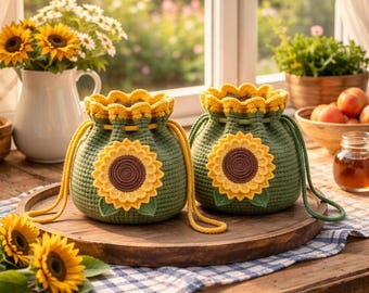 Patrón de bolso de ganchillo con cordón y diseño de girasol (PDF), bolso estilo boho ideal para principiantes.