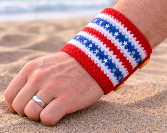 Patrón de pulsera de ganchillo con la bandera estadounidense, pulsera patriótica, ganchillo para el 4 de julio, rojo, blanco y azul, bricolaje para el Día de la Independencia, descarga digital