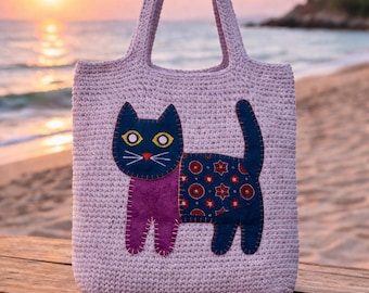Patrón PDF para bolso de mano de gato a crochet, bolso de gatito adorable para hacer tú mismo, regalo para amantes de los animales, tutorial para principiantes, descarga instantánea.