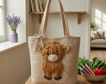 Patrón de bolso de ganchillo con forma de vaca de las Tierras Altas / Bolso de amigurumi con forma de vaca en PDF + plano / Bolso de ganchillo con forma de animal de granja / Bolso kawaii adorable (descarga digital)