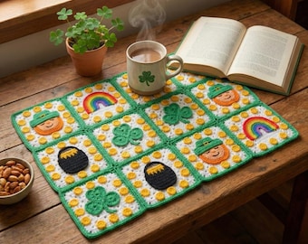 Patrón de mantel individual de crochet para el Día de San Patricio: Duende y Trébol (Descarga digital en PDF)