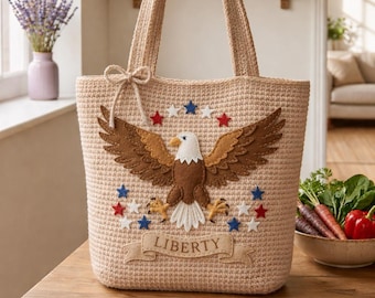 Patrón de bolso de mano con águila y bandera estadounidense a crochet en PDF / Diseño y patrón de bolso con estrellas patrióticas / Bolso de mano DIY para el 4 de julio (Descarga digital)