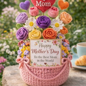 May include: A crocheted Mother's Day bouquet in a pink basket. The bouquet includes crocheted flowers in various colors, including purple, yellow, orange, and white. A red heart with "I Mom" is at the top. A card reads "Happy Mother's Day".