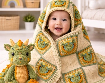 Patrón de manta de bebé de ganchillo de dragón / Juguete amigurumi cuadrado PDF / Descarga digital