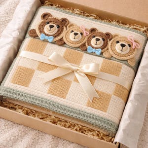 Peut inclure: Une couverture pour bébé dans une boîte cadeau. La couverture est à carreaux crème et beige avec une bordure verte et quatre applications d'ours en crochet. Un ruban crème est noué autour de la couverture. La boîte est marron.