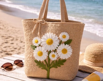 Patrón de ganchillo en PDF para bolso tote Daisy con cuadrícula de diseño, tutorial para bolso con apliques florales, bolso tote de ganchillo fácil, descarga digital.