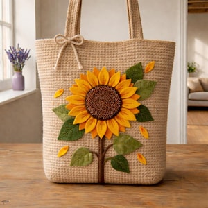 May include: A beige crochet tote bag with a large sunflower applique. The sunflower has yellow petals, a brown center, and green leaves. The bag has a bow detail at the top and handles.
