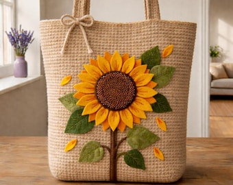 Patrón de bolso de mano de ganchillo con girasoles en PDF + plano, tutorial de ganchillo fácil para principiantes, bolso hecho a mano.
