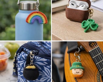 Patrón de llavero de ganchillo para el Día de San Patricio: Trébol, arcoíris y duendecillo amigurumi (manual en PDF)