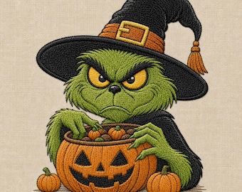 Grönt häxmonster med pumpahink, maskinbroderidesign, Halloween PES DST-nedladdning