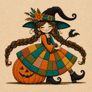 May include: An embroidered illustration of a smiling character with long braided hair wearing a black witch hat adorned with orange flowers and teal accents. The character wears a patchwork dress in orange and teal, holding a black bat wand by a pumpkin.